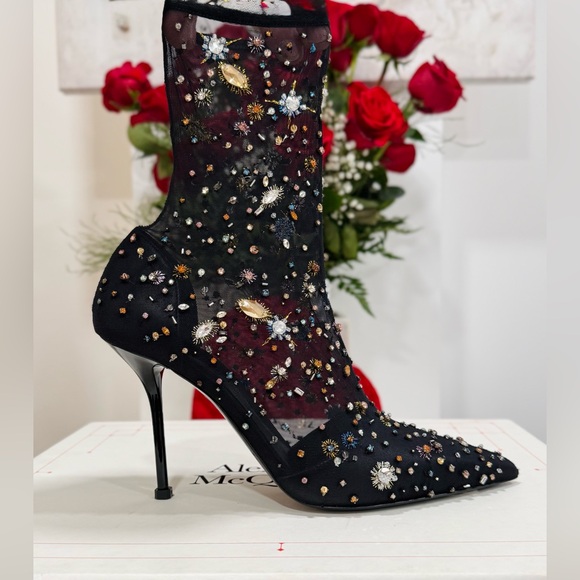 Alexander McQueen Crystal Embellished Mesh 90mm Stiletto Boots - Picture 3 of 14
